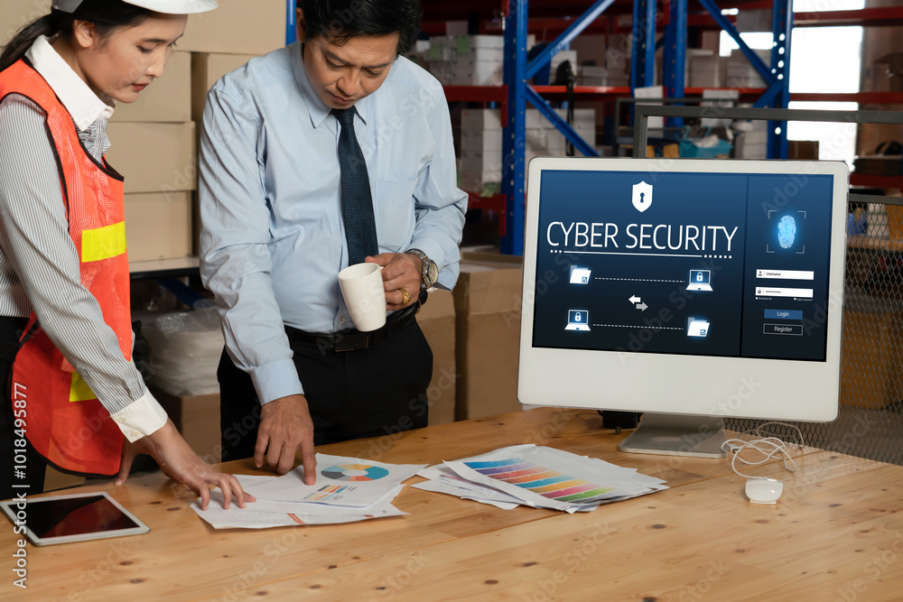 Poster cyber security system on computer screen protect private information snugly from hacker and cyber at