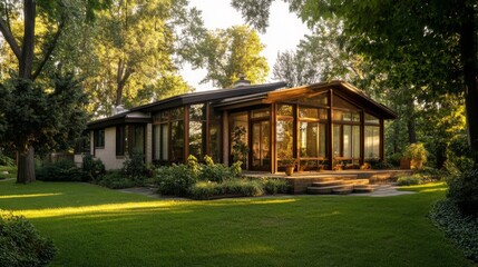 Modern House with Large Windows Surrounded by Lush Greenery