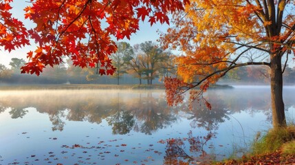 Obraz premium Autumnal Lake with Fog and Vibrant Colors