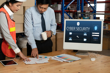 Cyber security system on computer screen protect private information snugly from hacker and cyber attack