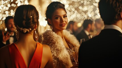 A glamorous event scene showcasing elegant attire and sparkling lights, capturing the essence of a joyous celebration.