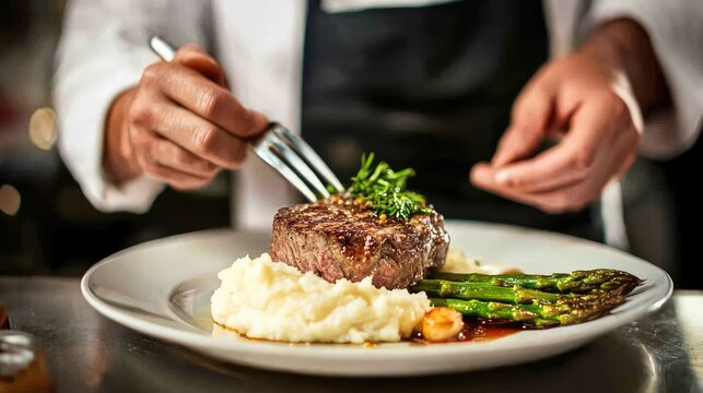A gourmet meal featuring succulent steak, creamy mashed potatoes, and fresh asparagus, beautifully plated for a fine dining experience.