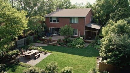Brick house with wooden deck and lush green landscaping