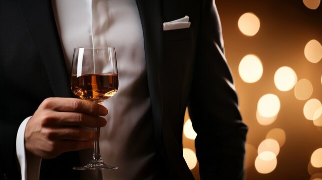 Man in a suit holding a glass of whiskey at an elegant event, symbolizing luxury and sophistication.
