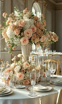 exquisitely set wedding table against the backdrop of the dinner hall, with flowers and decorations in the foreground