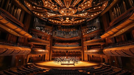 Obraz premium A grand concert hall featuring elegant architecture and a stunning chandelier, perfect for orchestral performances and events.