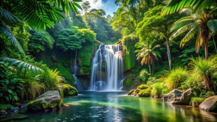 A tranquil waterfall flows gracefully, draping lush green foliage in a vibrant jungle paradise, where nature's beauty and serenity cascade harmoniously in perfect unity.