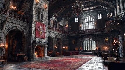 Obraz premium A grand medieval hall with stone walls, intricate architecture, and a warm fireplace, showcasing historic elegance and timeless beauty.