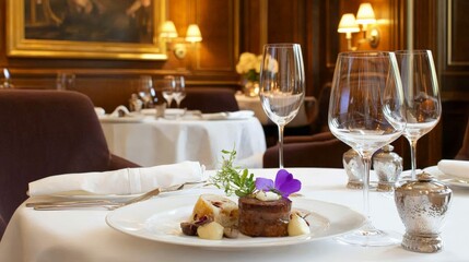 Elegant gourmet dish served with a variety of drinks, representing fine dining and culinary art.