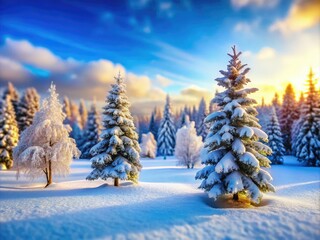 Naklejka premium A tranquil winter scene unfolds with fresh snow blanketing the trees and ground beneath a gentle blue sky, creating a peaceful and serene atmosphere.