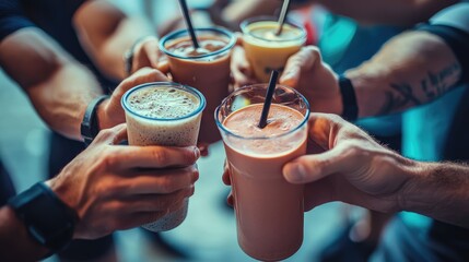 A group of friends cheers with colorful drinks, showcasing unity and celebration in a vibrant social setting.