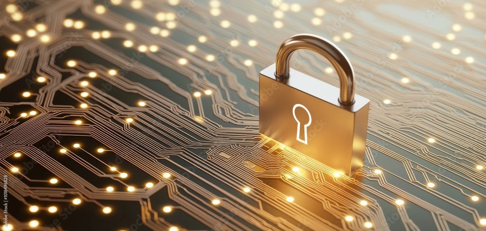 Poster digital padlock glowing on an illuminated circuit, representing advanced cybersecurity and protectio
