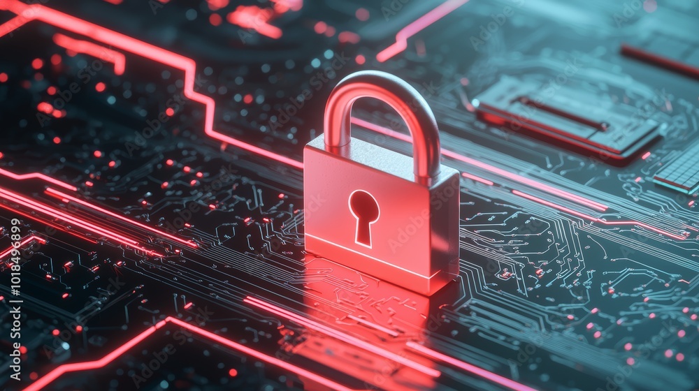 Poster digital padlock on a glowing circuit board, representing cybersecurity, data protection, and secure 