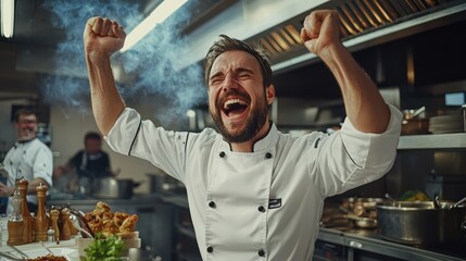 A joyful chef celebrates a culinary achievement in a vibrant kitchen, embodying passion and success in the culinary arts.
