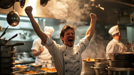 A joyful chef celebrates success in a bustling kitchen filled with steam and activity, showcasing passion for culinary art.