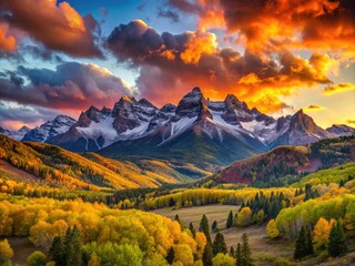Obraz premium At sunrise, the Sneffels Mountain Range reveals vibrant colors and bold hues, complemented by a dramatic, cloudy sky that enhances the breathtaking natural beauty.