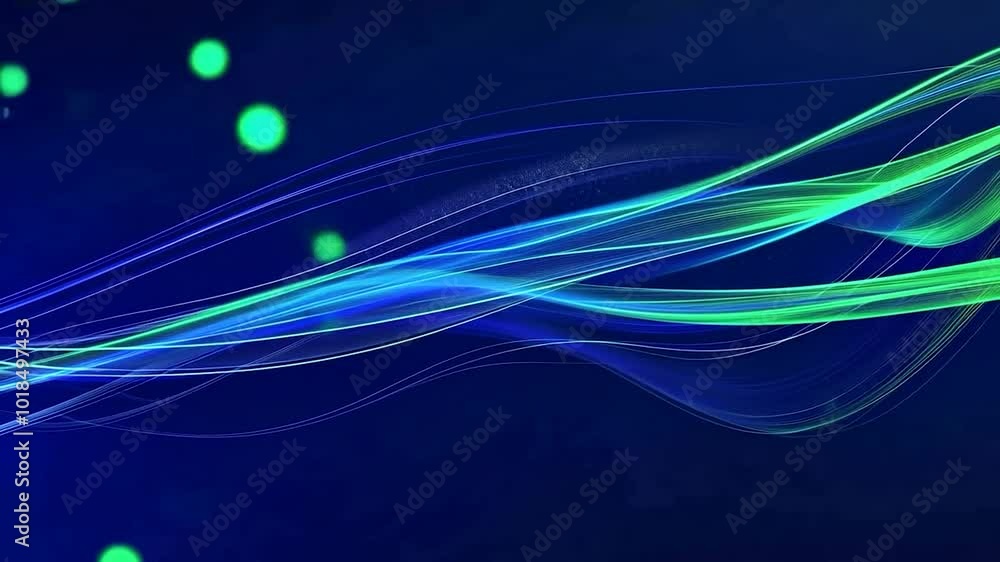 Poster abstract animation showcases blue and green particles flowing and forming waves against a dark blue 