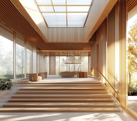 Upper floor access with brass handrail and light wood paneling.