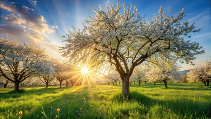 Fototapeta premium Nature scene with a blooming tree and sun flare in a beautiful orchard , Spring, blossom, background, flowers, orchard, tree