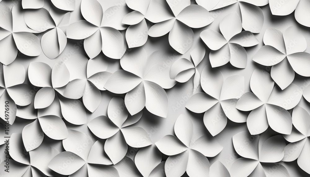 Poster geometric daisies in monochrome tones repeat across a soft grey backdrop, creating a clean, minimal,