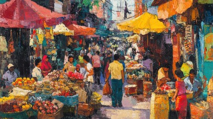 Fototapeta premium A colorful oil painting of a lively marketplace, with people interacting and goods displayed on stalls