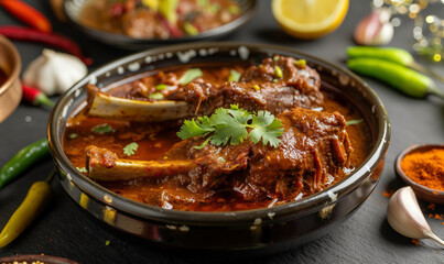Rich Mutton Nihari in Red Sauce with Indian Spices on an Elegant Grey Table