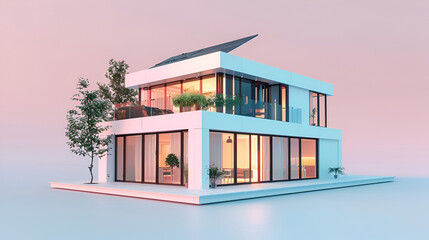 House with solar panel on the roof and garden in front of it ,Clean energy house Solar cell on roof