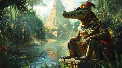 Obraz premium A majestic crocodile wearing ancient attire, sitting by a serene river near a towering pyramid in a lush jungle setting.