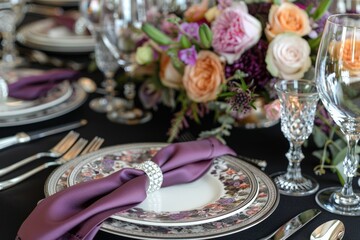 Elegant wedding table setting with purple accents and crystal glassware.