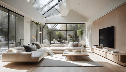 Modern minimalist living room with plush sofa, sleek coffee table, and large windows overlooking city skyline