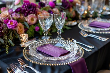 Elegant wedding table setting with purple accents and crystal glassware.