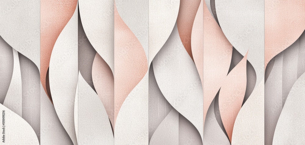 Poster geometric tulip shapes in muted tones of pink and beige, repeating on a light grey background for a 