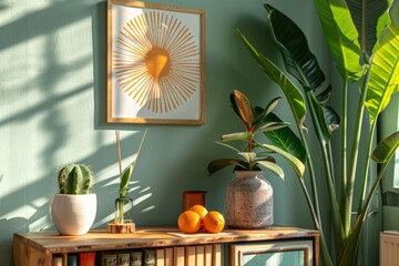Sunlit rustic living space with plants and natural decor.