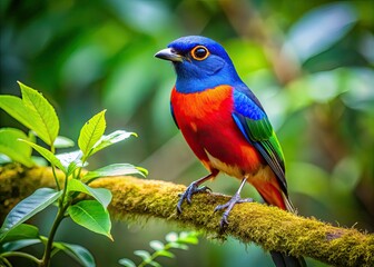 Obraz premium A vibrant sucker bird rests on a branch, enveloped by lush green foliage, showcasing the beauty of its natural habitat in full bloom.