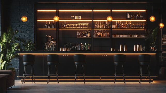 A modern bar interior with sleek lighting, elegant shelves, and stylish seating, perfect for social gatherings and nightlife.