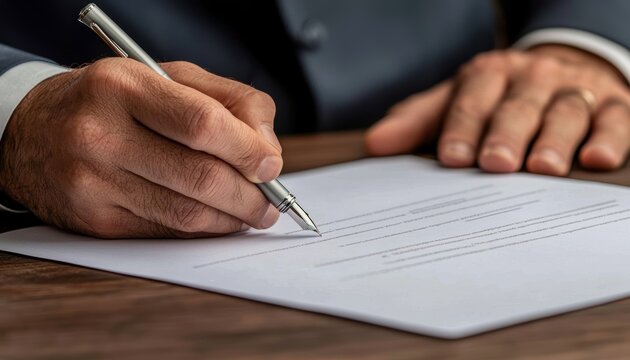 Hand of a businessperson signing a document with a pen, dark wood desk in background, close-up shot, business transaction and agreement concept