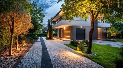 Fototapeta premium A modern house illuminated at night, surrounded by landscaped gardens and path, showcasing contemporary architecture and design.