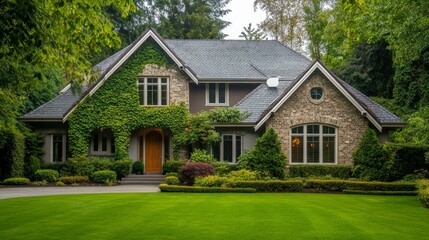 Brick House with Ivy and Lush Greenery