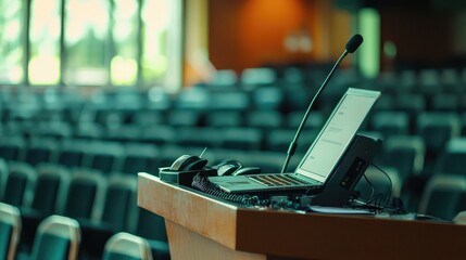 A modern podium with a microphone and laptop, set in a spacious auditorium ready for a presentation or lecture.
