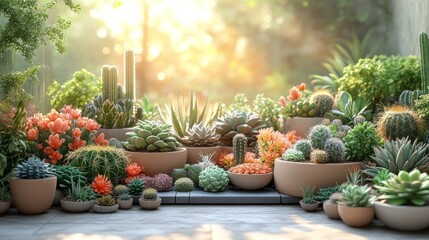 A vibrant display of various cacti and succulents in pots.