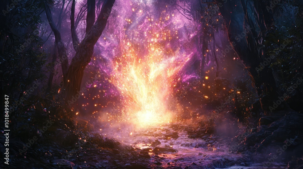 Poster a mystical forest scene illuminated by vibrant colors and glowing light, creating an enchanting atmo