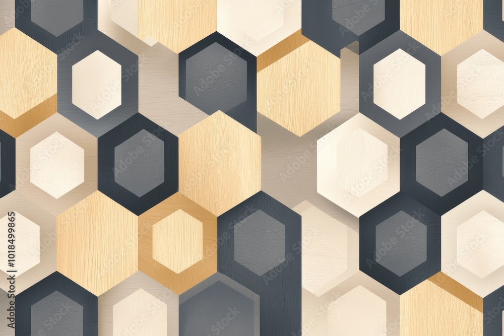 Poster interlocking hexagons in muted tones of grey and beige, creating a subtle yet structured seamless pa