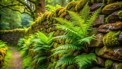Lush ferns and moss-covered rock wall in a peaceful rural landscape, Ferns, moss, rock wall, greenery, nature, rural, plants