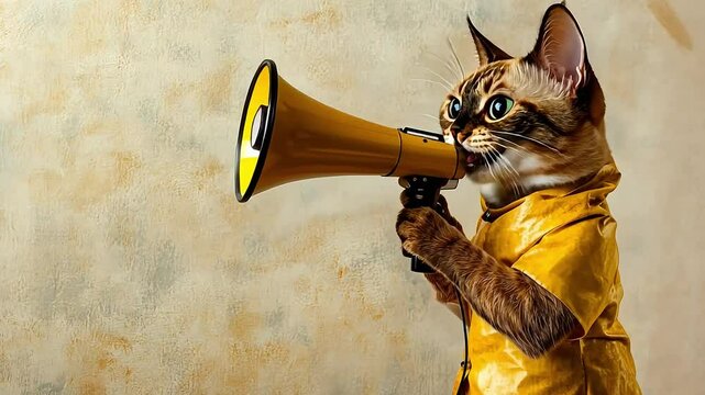 A cat in a yellow shirt holds a megaphone and shouts.