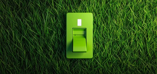 Light switch in vibrant green color on lush grass, symbolizing environmentally friendly energy solutions and sustainable living, natural focus