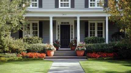 Obraz premium Grey House with White Porch and Red Flowers