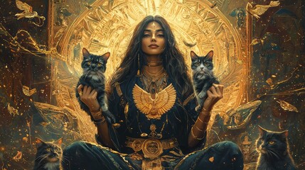 Obraz premium A mystical woman with cats, surrounded by vibrant golden patterns and intricate details, embodying beauty and power.