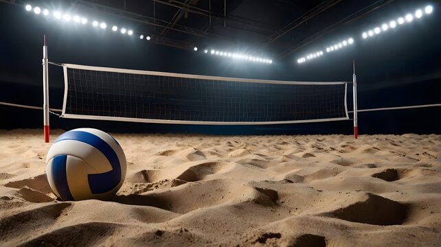 Volleyball on sandy court with net and bright stadium lights at night