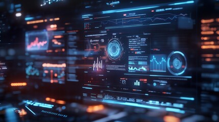 Fototapeta premium A futuristic computer interface displayed as a hologram, with various data and graphs floating in mid-air