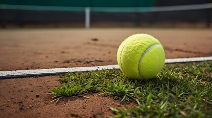 Close up tennis ball on clay court with grass and white line marking in outdoor setting